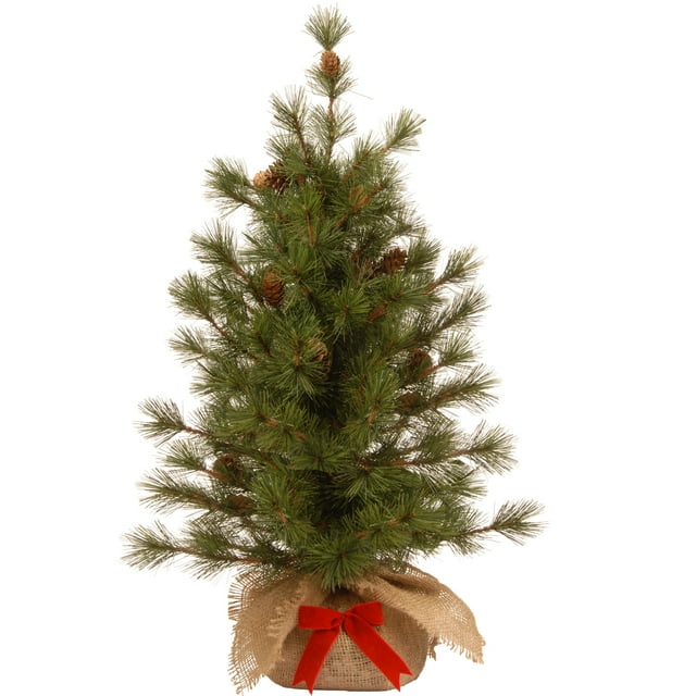 Pin Effiloché 3' Tree en Base Toile de Jute avec 44 Cônes & Arc Rouge