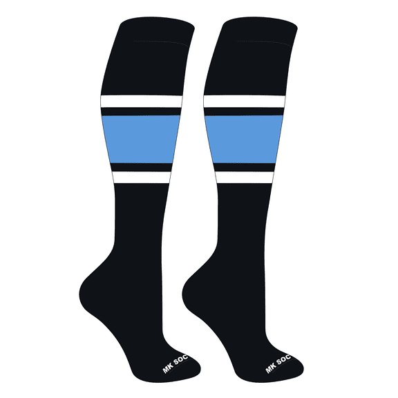 MK Socks Striped OTC Baseball, Softball, Football Socks (B) Black, White, Columbia Blue (S)