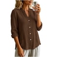 thumbnail image 4 of Cotton Linen Button Down Shirt for Women Ghalytn V Neck Stand Collar Blouse - Long Sleeve Casual Top with Pockets, 4 of 8