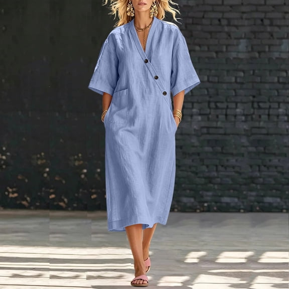 Ovbmpzd Loose Summer Long Boho Beach Dresses for Women Linen Sundresses Short Sleeves Blue V-Neck T-Shirt Dresses With Pockets,L
