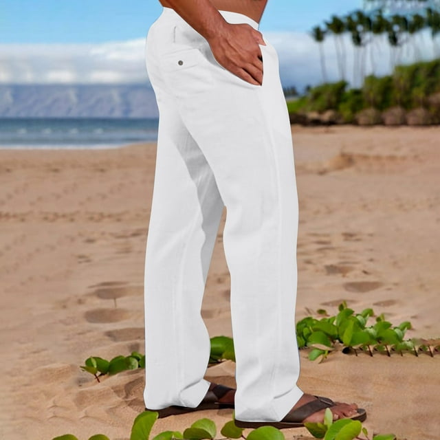 Pantalones de lino y algodón con cintura elástica para hombre, informales, lisos, con bolsillos