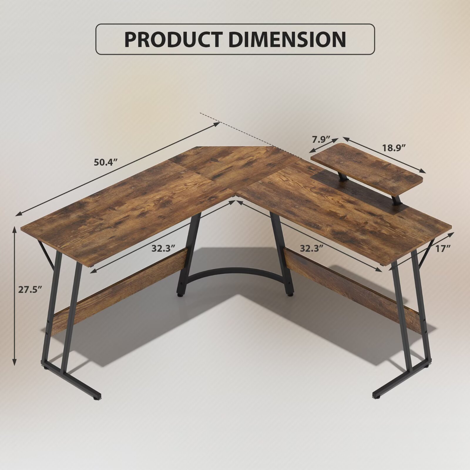 YRLLENSDAN 50 Inch L shaped Corner Gaming Desk, Adjustable Computer Desk with Large Desktop, Home Office Desk with Monitor Stand, for Home and Work Place, Brown
