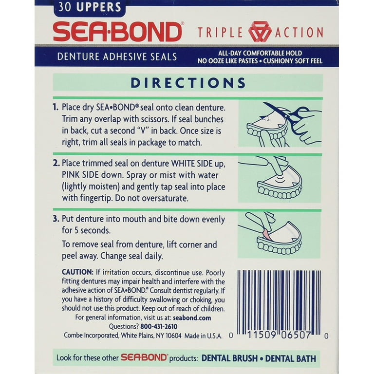 Sea Bond Upper Secure Denture Adhesive Seals, For an All Day Strong Hold,  Fresh Mint Flavor Seals, 30 Count, 4 Pack