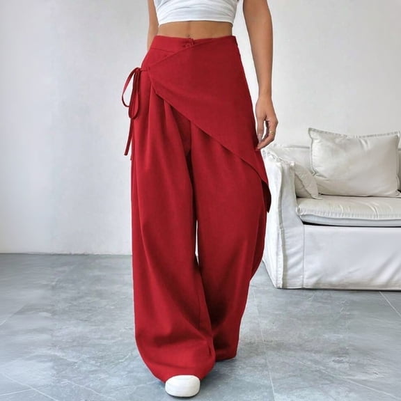 Womens High Waisted Wrap Pants Wide Leg Tie Up Bow Asymmetrical Wrap Around Skirt Pants Business Casual Trousers, XL
