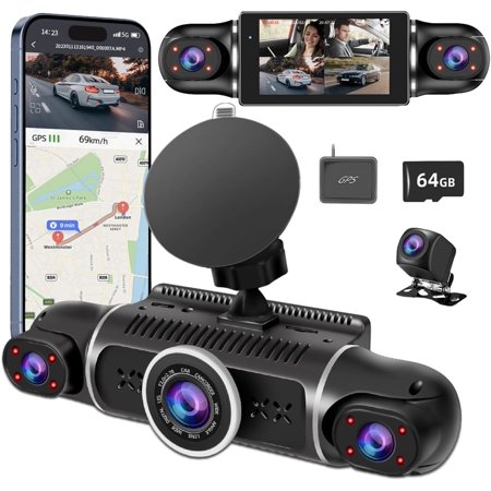 360° Dash Cam Front and Rear View 4 Channel Camera FHD 2K+1080Px3 for Car, Inside/Back 170°+2x150°+170° Wide Angle, 8 IR Lamps Night Vision,WiFi,GPS, APP,G-Sensor with 64GB Card,24/7 Parking Mode