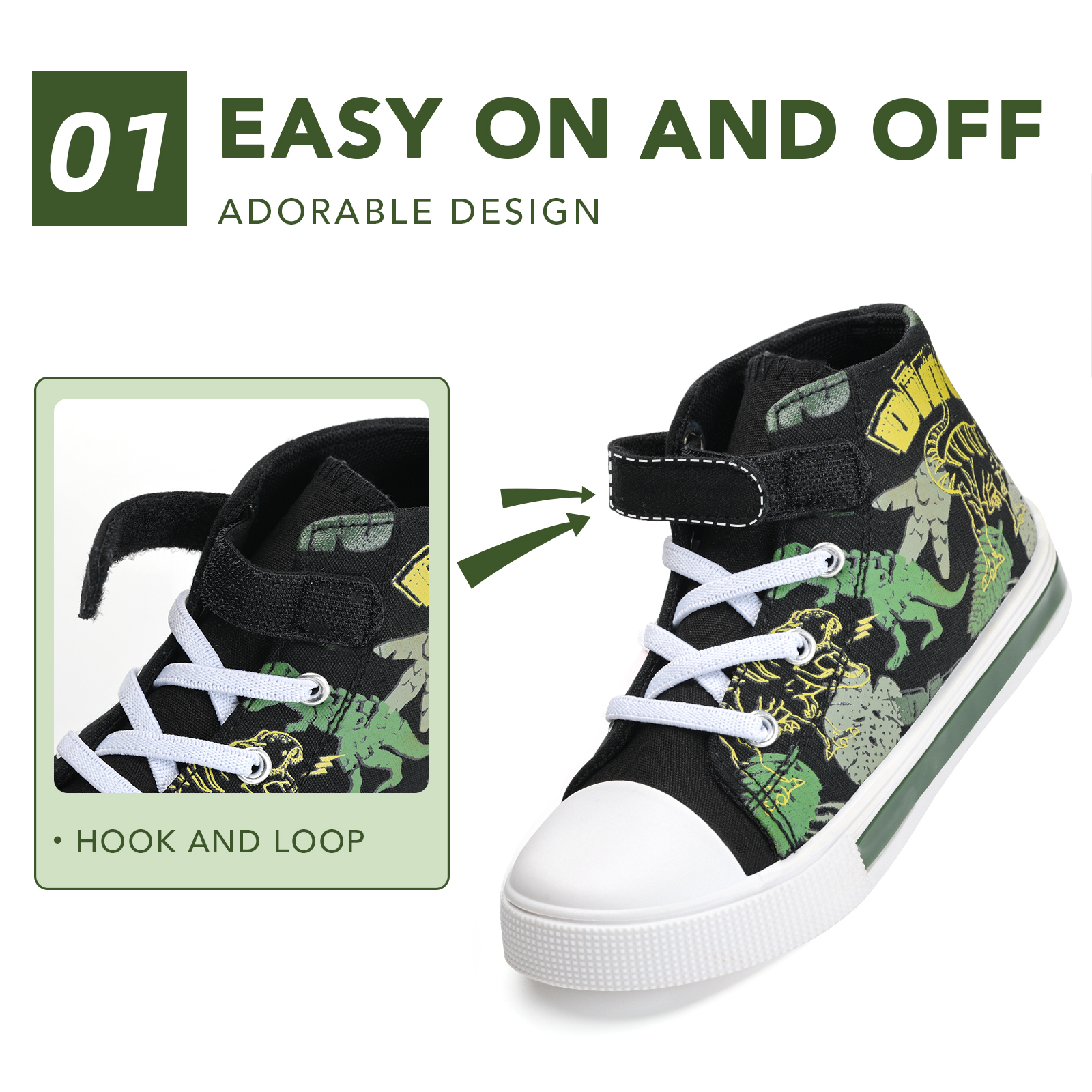 Toddler Boys Light Up Sneakers Kids High Top Canvas Shoes, Dinosaur, Size 9