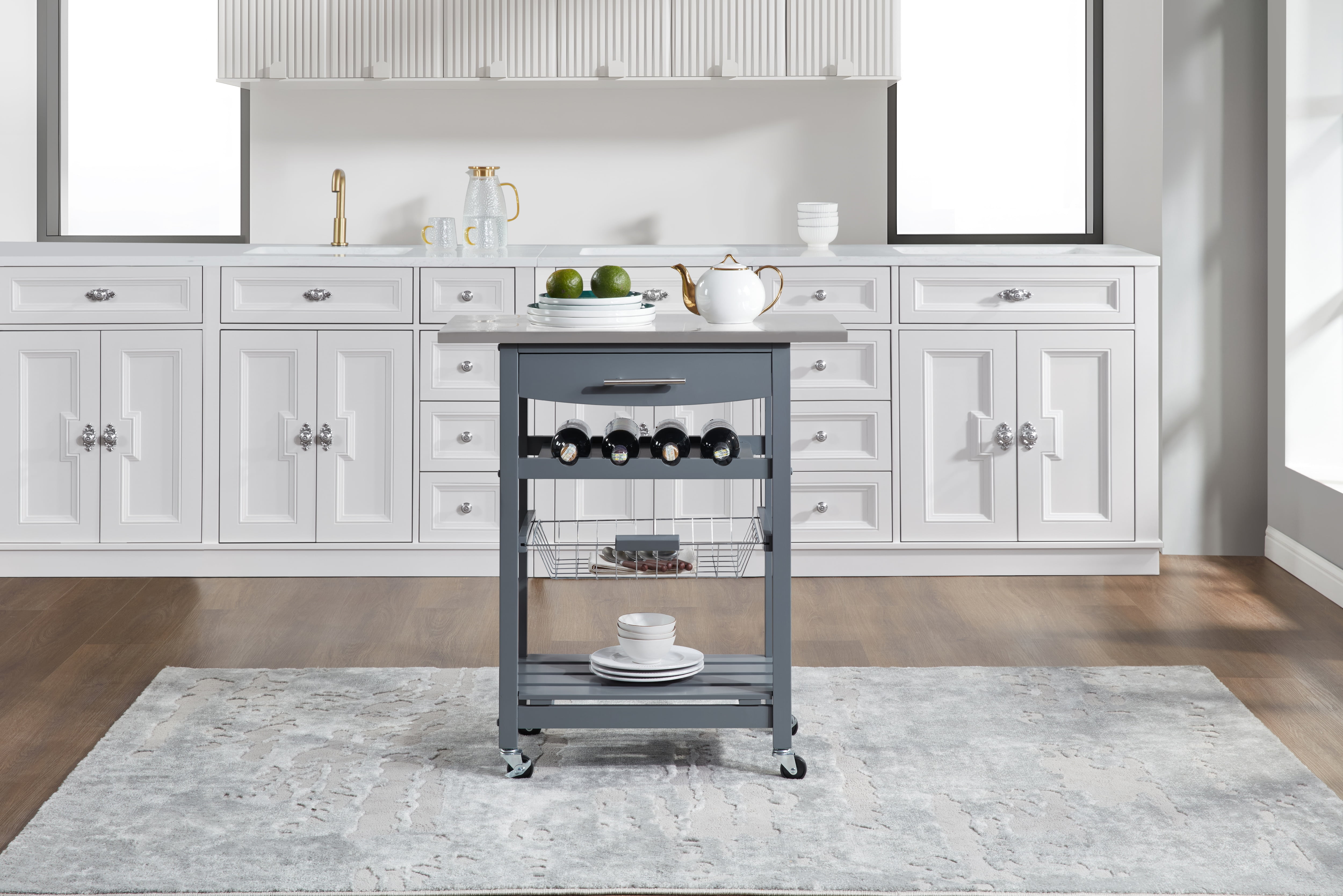 Mobile Rolling Kitchen Island with Stainless Steel Work Surface, Drawer & Storage Basket