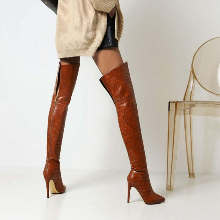 Oyedens Stiletto Thigh High Boots for Women Sexy Fashion Slim Fit Leather Pointed Toe Dress Heels over The Knee Tall Boots, Women's, Size: 6, Brown