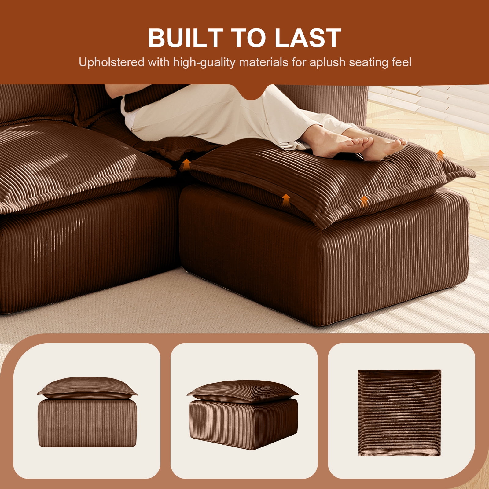 Corduroy Ottoman Pouf for Modular Sectional Sofa Upholstered Footrest Stool for Living Room Brown