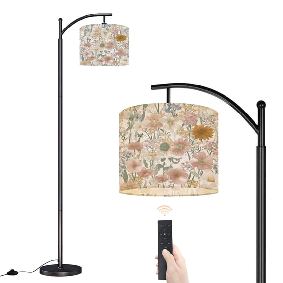 Arc Floor Lamp with Adjustable Lampshade Botanical Pastel Floral Arrangement Delicate Wildflowers Standing Lamp 3 Color Temperatures Dimmable Tall Pole Lamp with Foot Switch for Bedroom