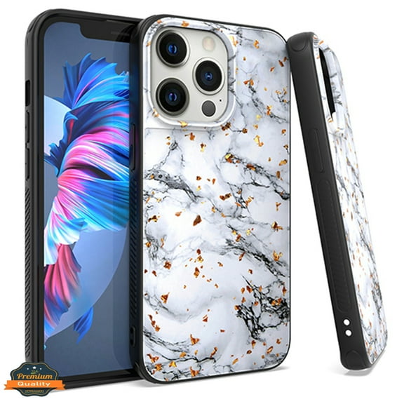 Xpression Case for Apple iPhone 13 Pro (6.1") Marble Fashion Stone Stylish Flake Glitter Bling Hybrid Slim TPU Rubber Hard Protection Phone Cover [Marble White]