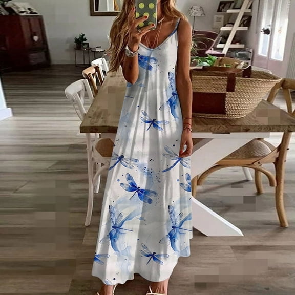 Wowcloth Women's Casual Floral Printed Sleeveless Dress for Women V Neck Flowy Party Midi Dresses