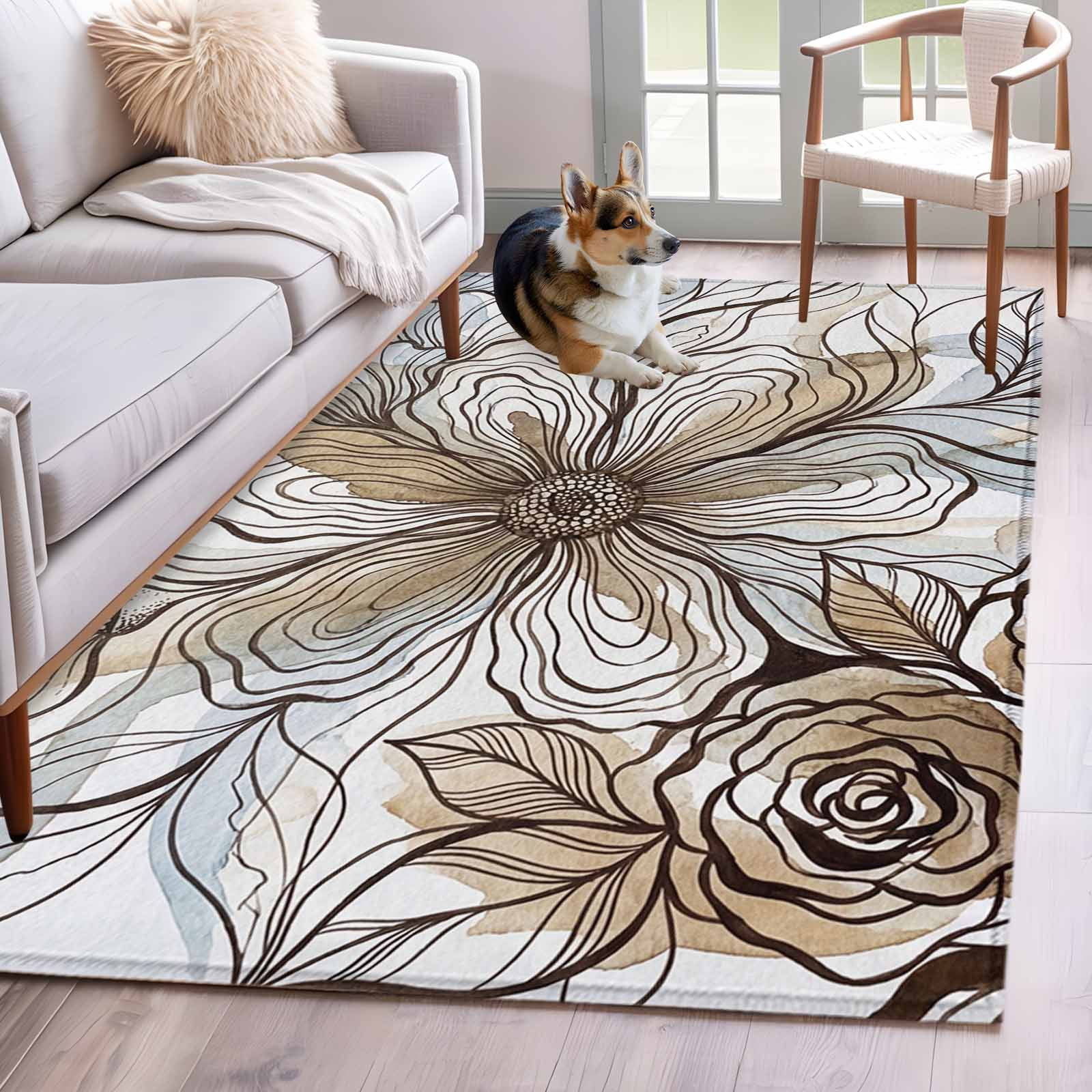 Bohemian Washable Area Rugs 2.7 x5 Traditional Ethic Texture Mystic Flowers Farmhouse Low Pile Throw Living Room Rug Non-Slip Sturdy Edge Binding Carpet for Indoor Entryway Bedside Kitchen