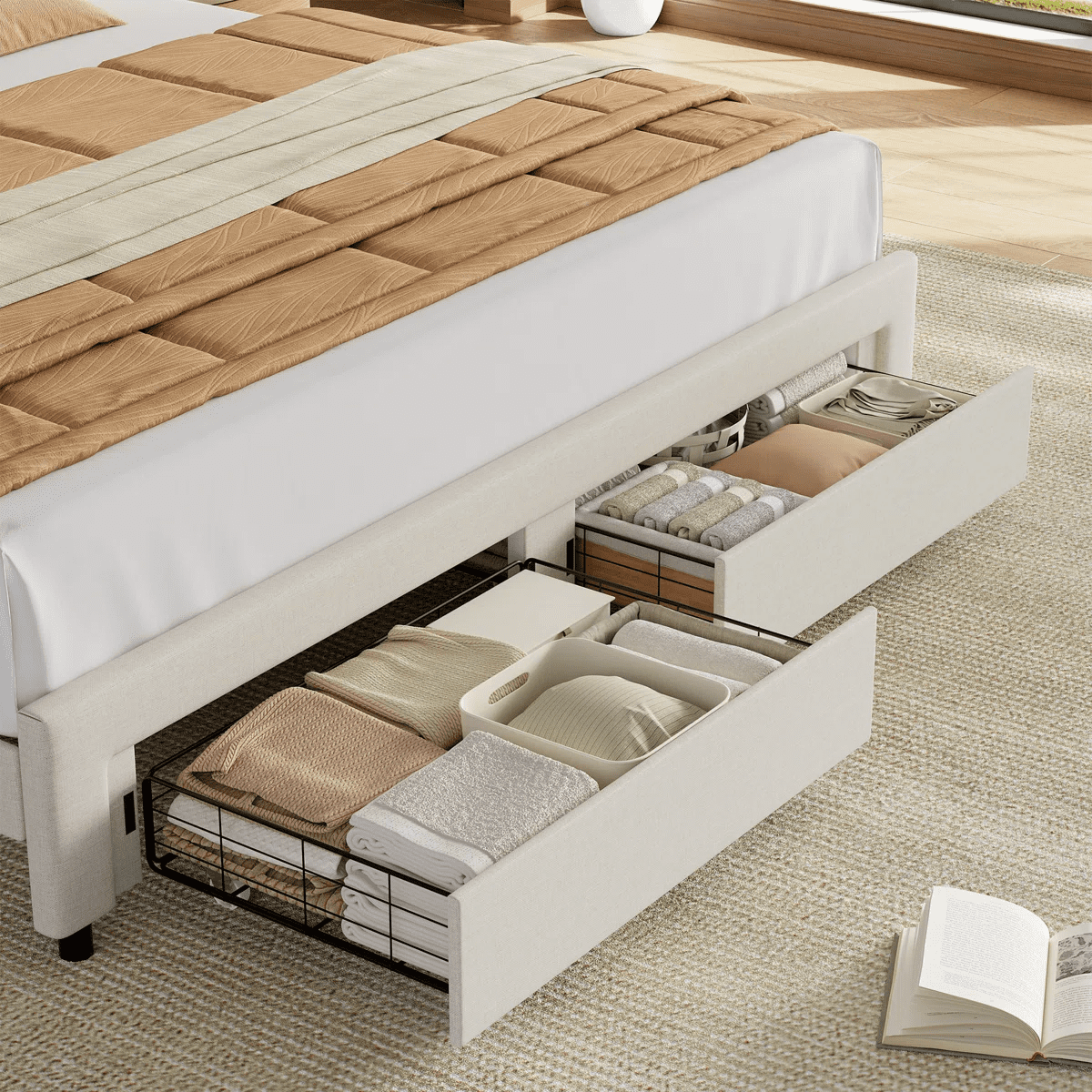Homfa Full Size Bed Frame with Storage, Linen Upholstered Platform Bed with 2 Storage Drawers & Adjustable Button Headboard, Beige