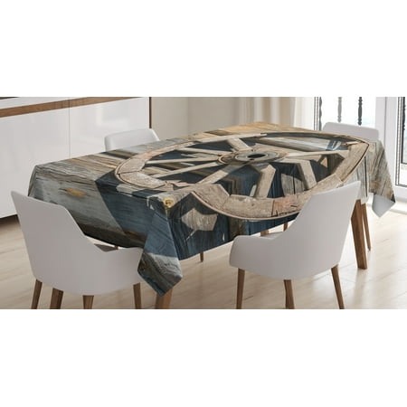 - Barn Wood Wagon Wheel Tablecloth, Old Log Wall with Cartwheel Telega Rural Countryside Themed Image, Rectangular Table Cover for Dining Room Kitchen, 52 X 70 Inches, Umber Beige, by Ambesonne