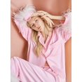 thumbnail image 3 of Conjunto de pijama de satén para mujer, ropa de dormir de un solo pecho con cuello vuelto, con plumas, Color liso, 3 of 3
