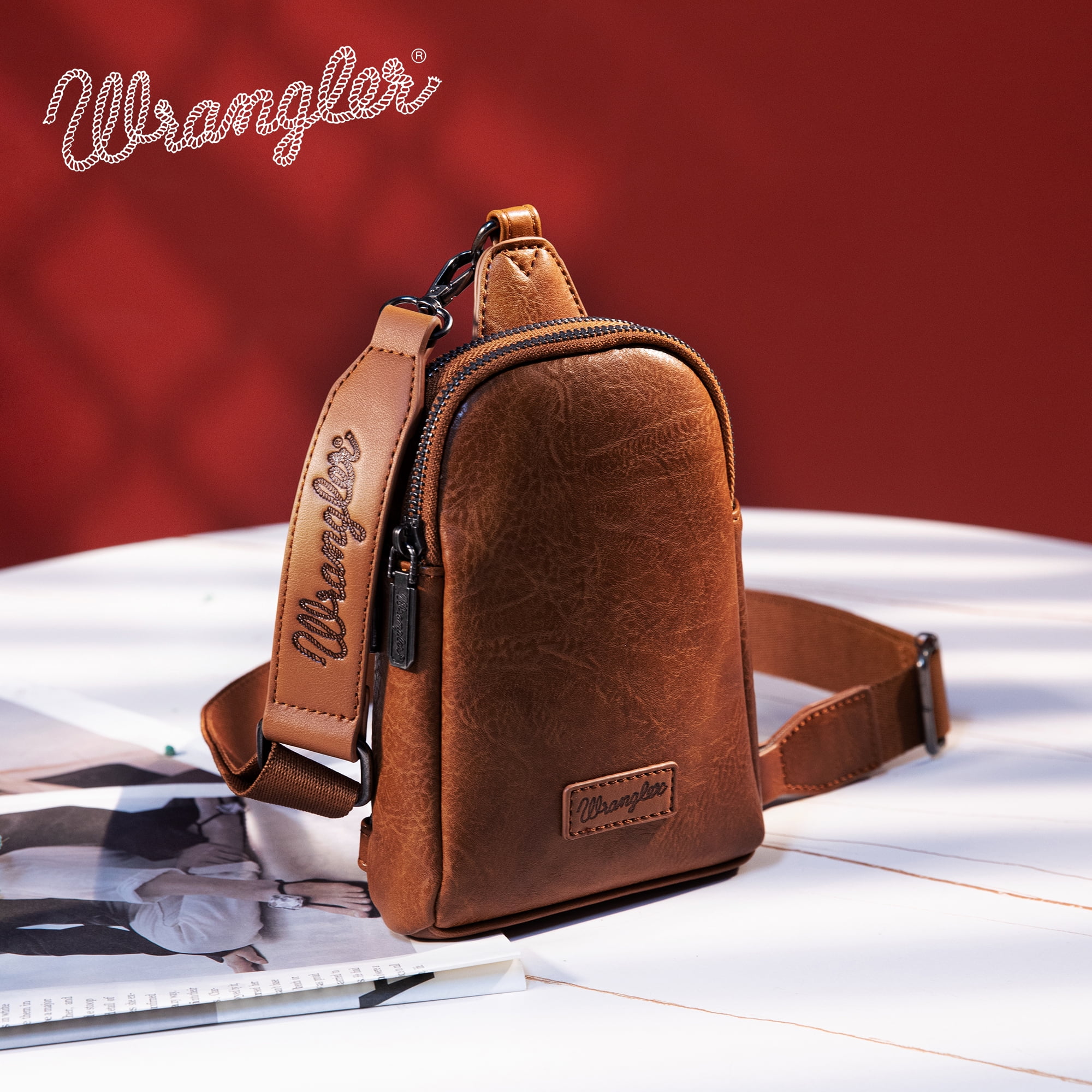 Wrangler Crossbody Sling Bags for Women Cross Body Fanny Pack Purse with Detachable Strap Zipper 7.5 "H, Brown