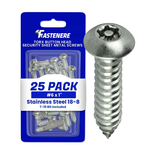 Tornillos de seguridad Torx para chapa metálica Fastenere - #6 x 1"" (paquete de 25) Tornillos de acero inoxidable antirrobo con cabeza de botón a prueba de manipulaciones para un mayor nivel de segur