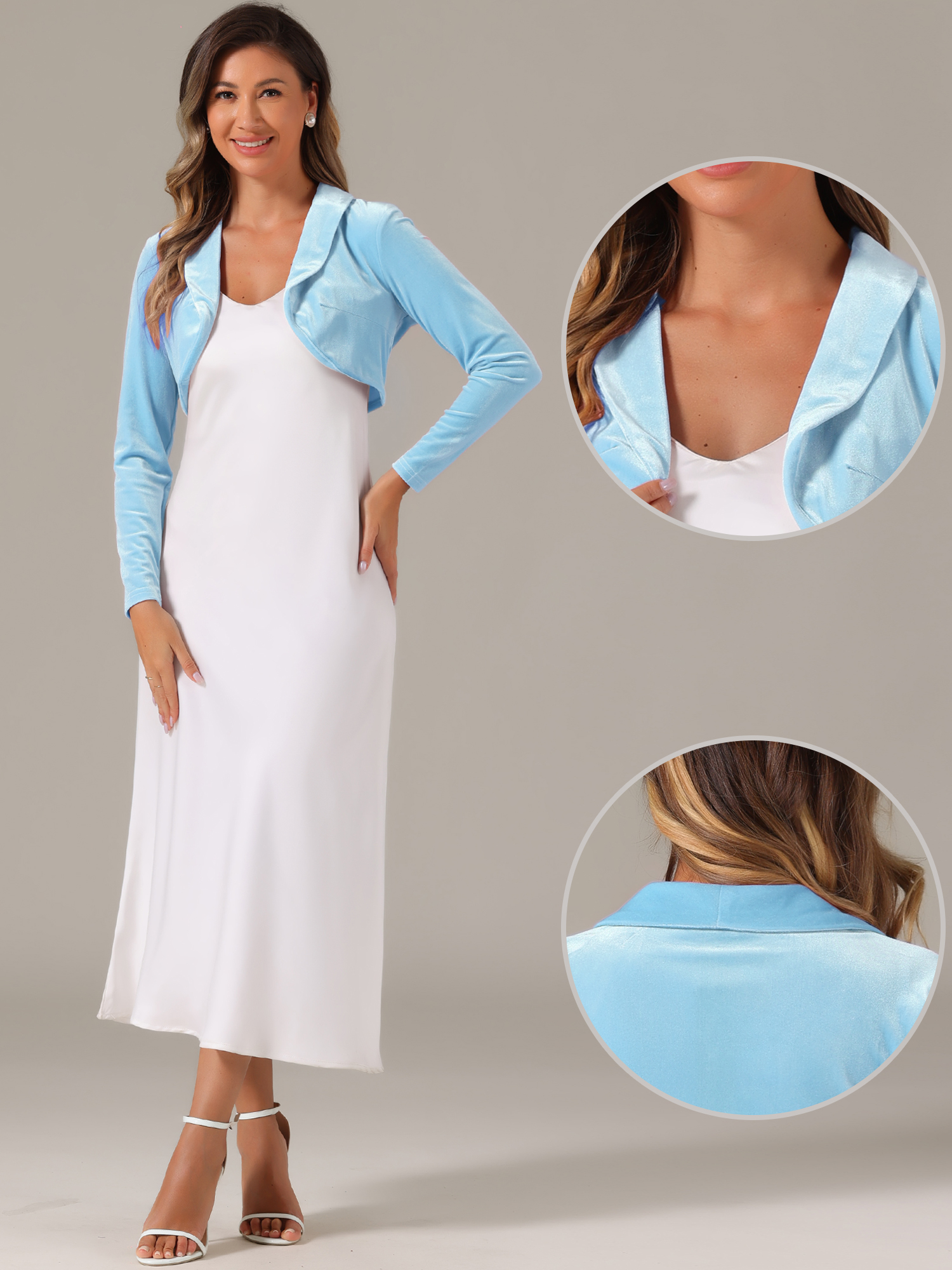 DARING DIVA Open Front Collar Shrug Cocktail Bolero Cardigan S Light Blue