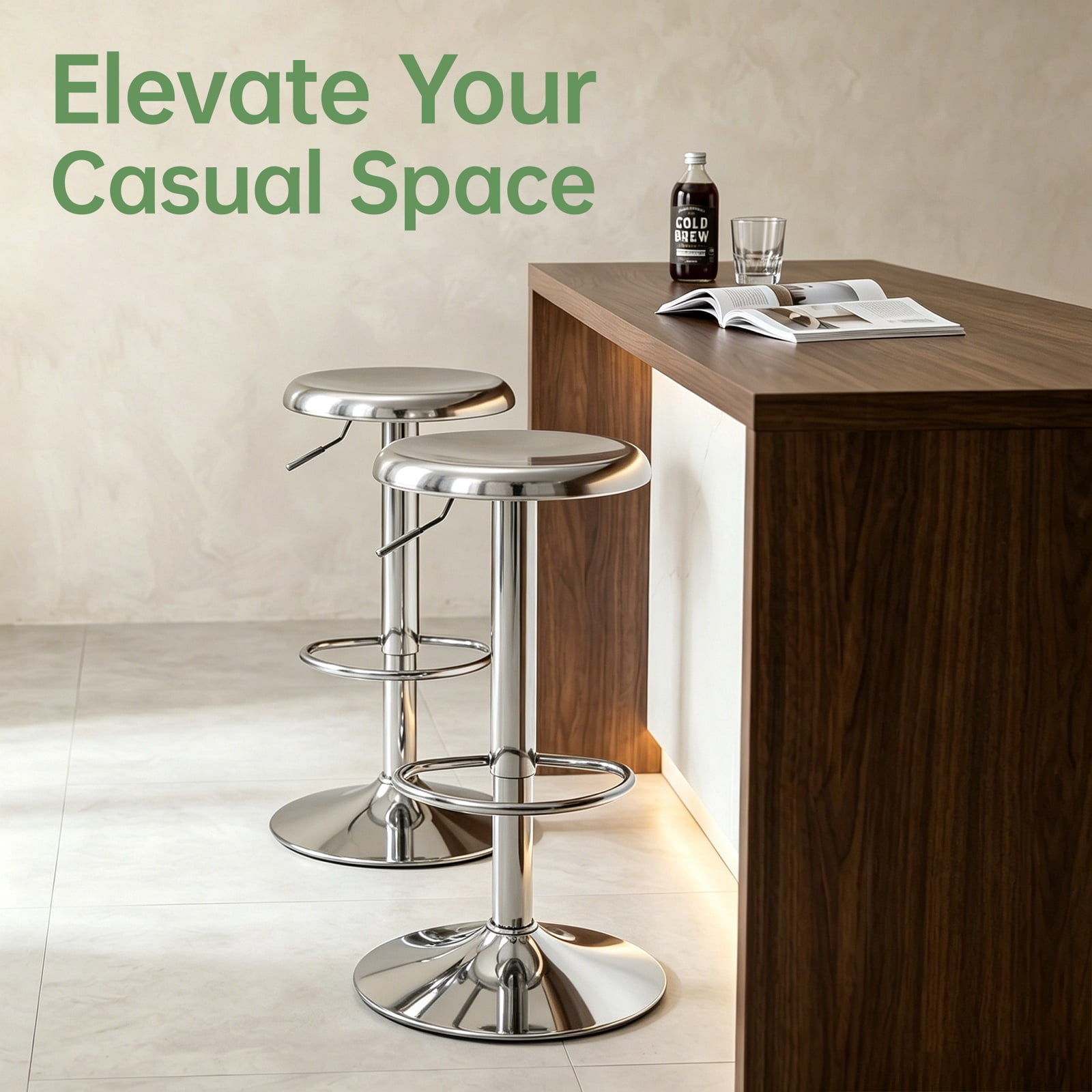 Single Silver Bar Stool, Adjustable 360° Swivel Counter Height Bar Stool, Industrial Backless Metal Bar Chair for Kitchen Island with Footrest