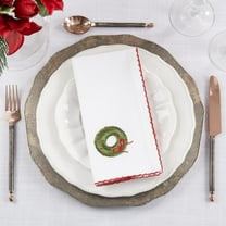 Fennco Styles Embroidered Holiday Wreath Whip Stitch Cloth Napkins 18" W x 18" L, Set of 4 - White Cotton Dinner Napkins for Winter Festivals, Christmas, Banquets, and Special Events