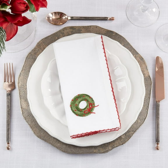 Fennco Styles Embroidered Holiday Wreath Whip Stitch Cloth Napkins 18" W x 18" L, Set of 4 - White Cotton Dinner Napkins for Winter Festivals, Christmas, Banquets, and Special Events