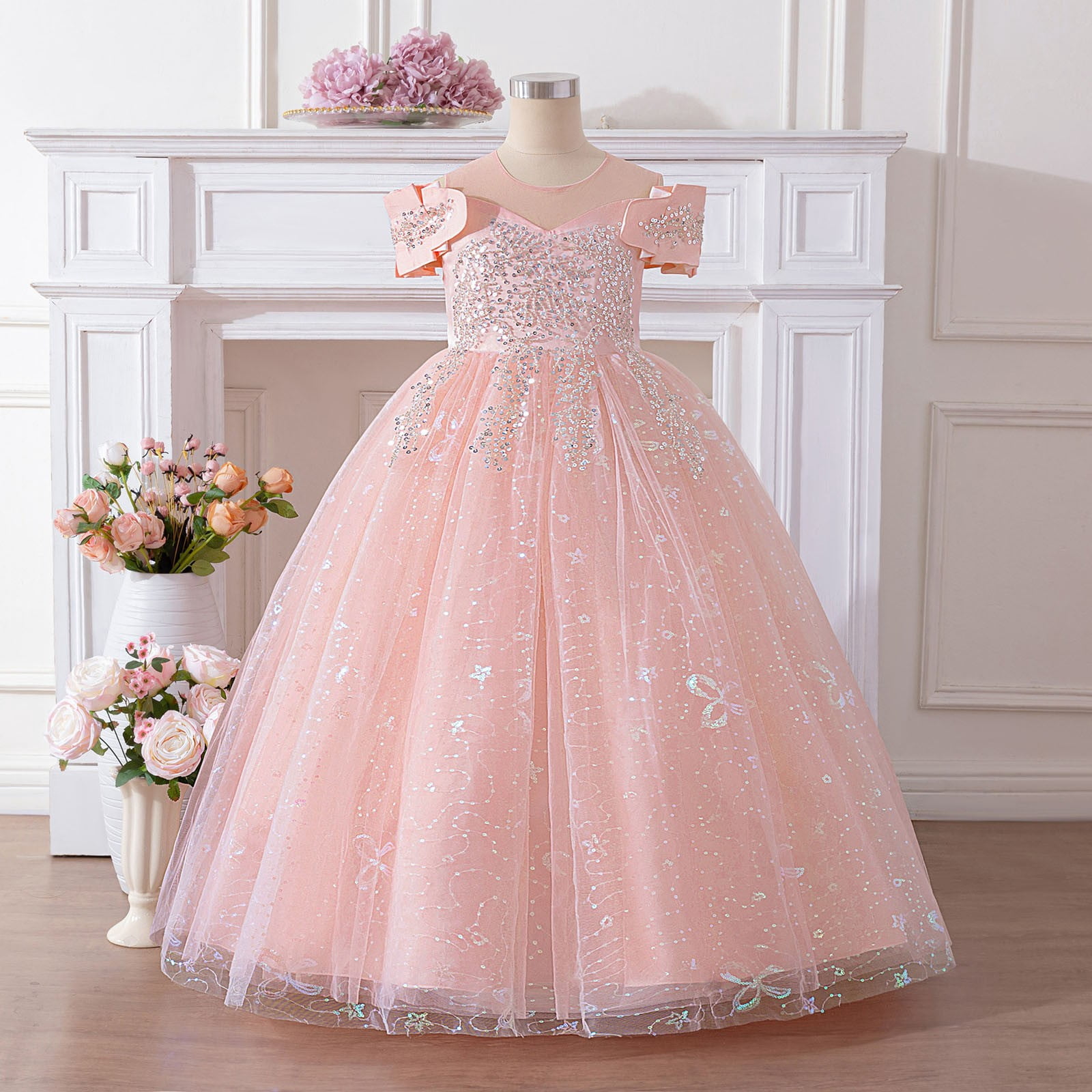 Wdgfv Elegant Off Shoulder Girls Dresses Tutu Skirt For Wedding Party Pageant Casual Wear Floral Appliques Gown