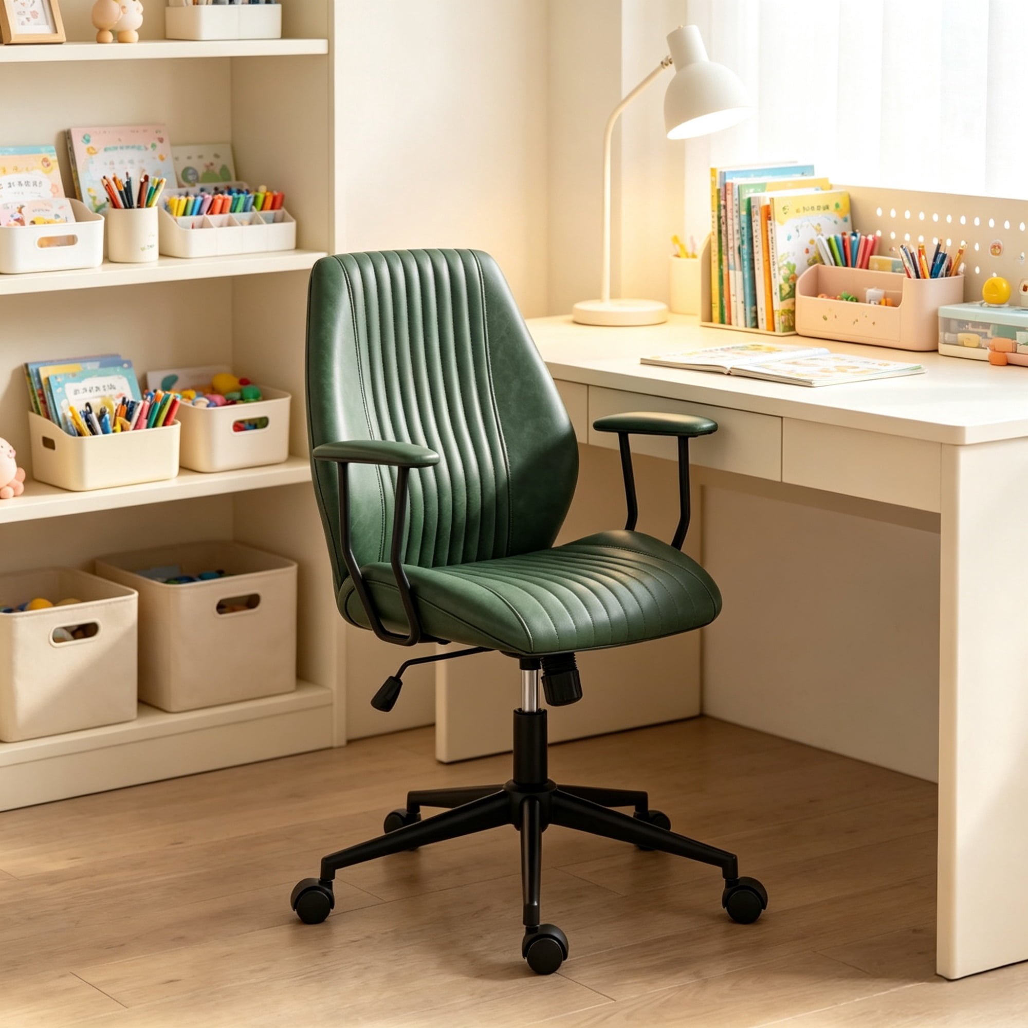 Vintage Leather Office Desk Chair, Padded Arms, 360° Swivel & Adjustable Height, Green