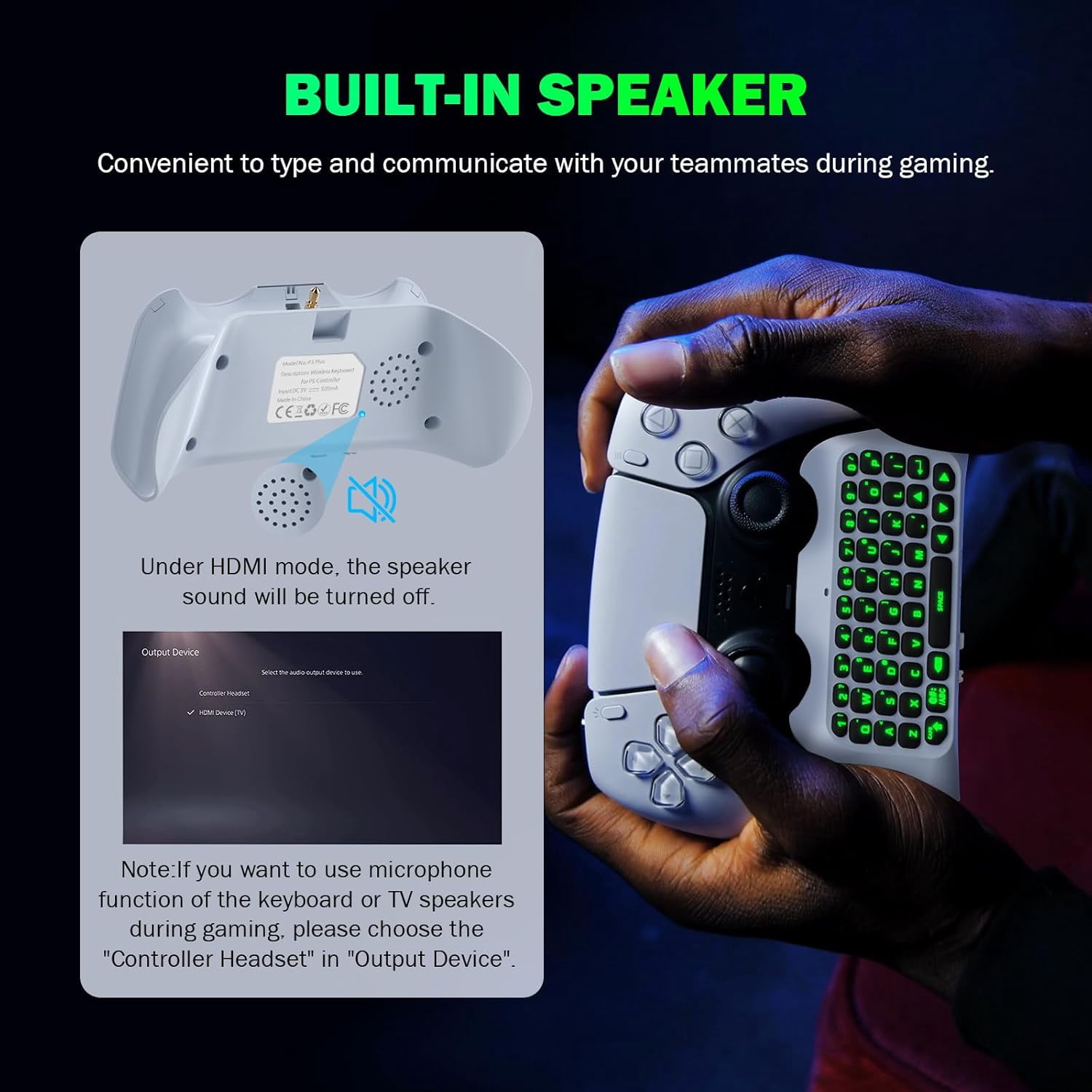 Bluetooth 3.0 Wireless Keyboard With Green Backlight for PS5 Controller,Mini Portable Gamepad Chatpad with Built-in Speaker&3.5MM Audio Jack, Voice Chat Board for Messaging&Gaming Live Chat,white