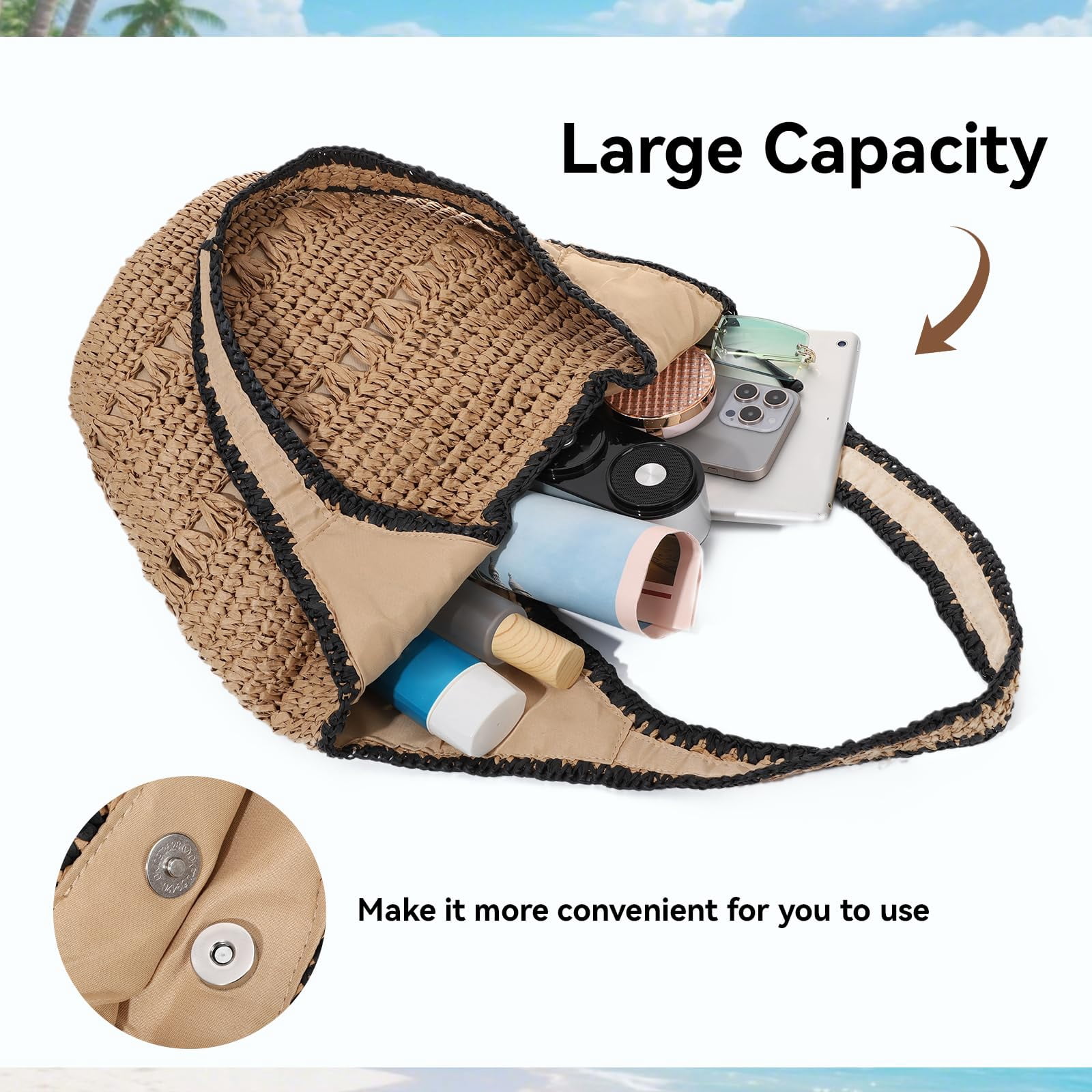 Beach Bags for Women Woven Summer Purses 2026 | Crochet Straw Bags, 13.8" Large Capacity, Tote with Magnetic/Zipper, Boho Handbag, Spring Summer, Vacation Purse