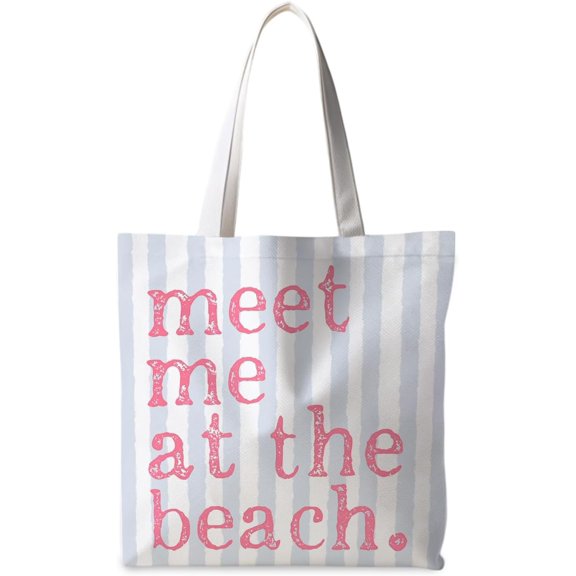 Beach Tote Bag, Summer Canvas Striped Tote Bags for Women, Meet Me At The Beach Aesthetic Shopping Bag