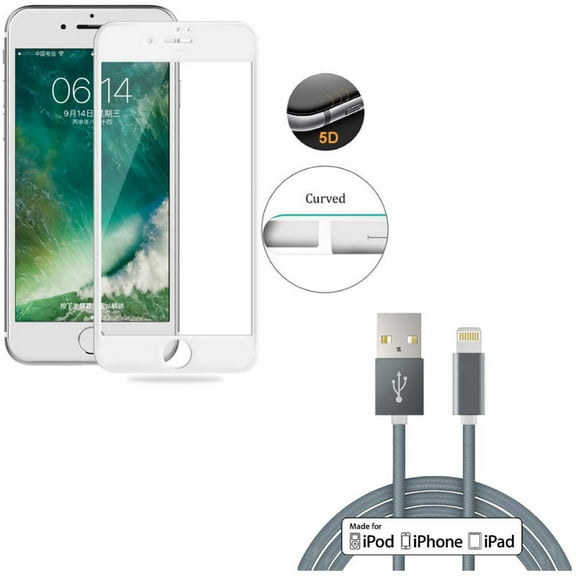 iPhone 7/8 PLUS MFi USB Cable w Screen Protector - 10ft Certified Charger Cord Power, Tempered Glass 5D Touch Curved Edge Full Cover for iPhone 8 PLUS/7 Plus