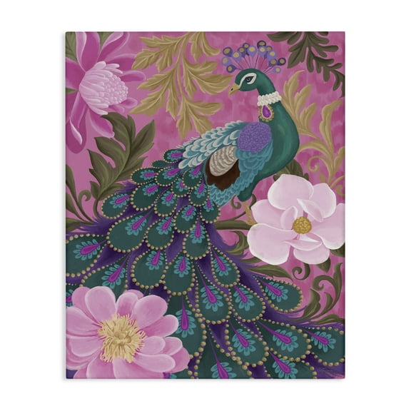 Stupell Industries Peacock & Pink Blossoms Animals & Insects Painting Gallery Wrapped Canvas Art Print Wall Art, 16 x 20