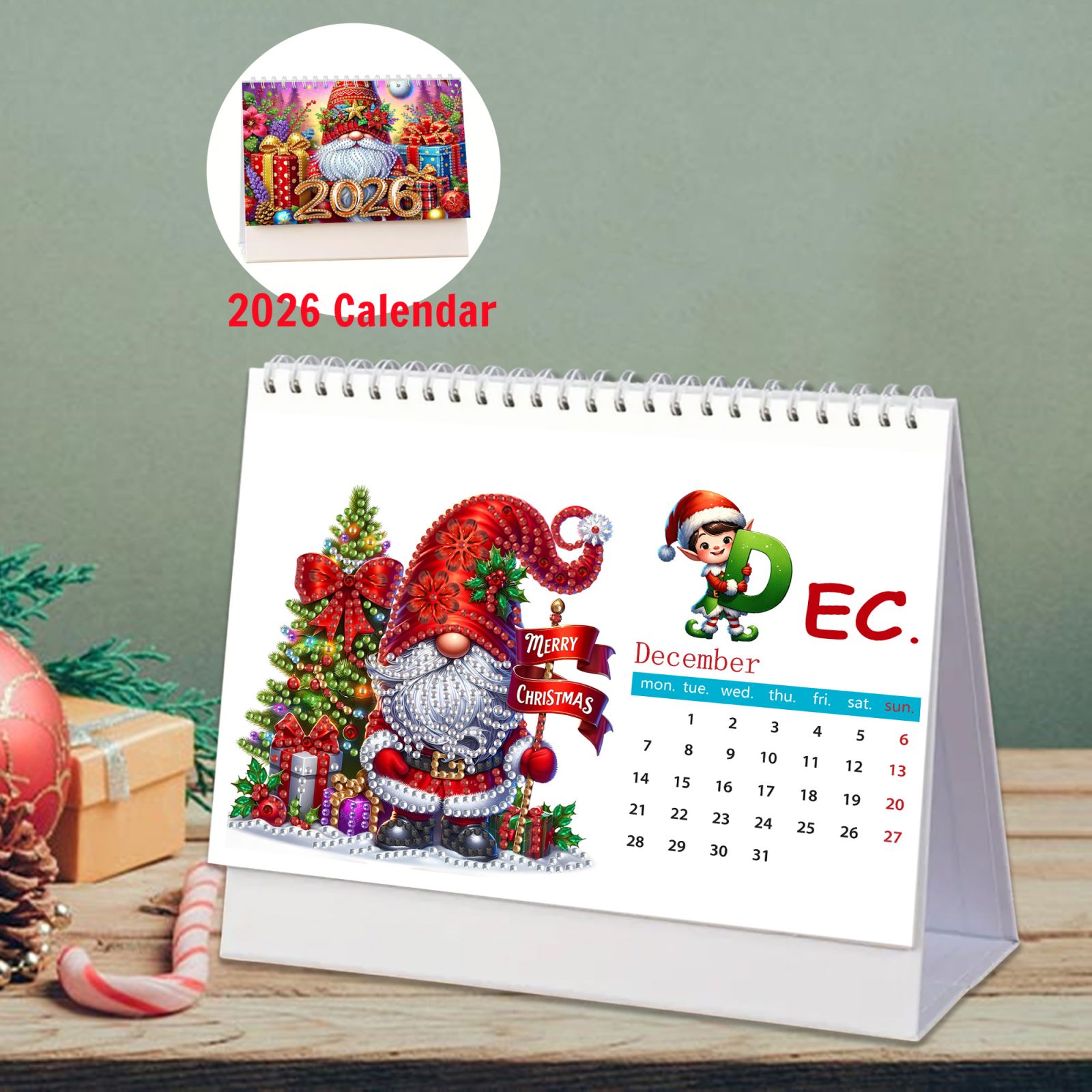 FLOPESN 2026 DIY Diamond Art Painting Desk Calendar,Thick Paper Monthly Flip Tabletop Calendar with To Do List for Home Office Planning-Goblin