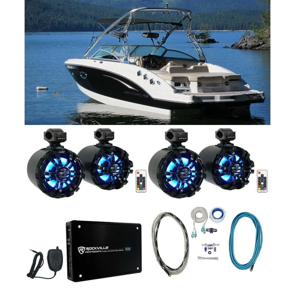 4) Rockville 6.5" LED Swivel Black Marine Wakeboard Speakers Amplifier Amp Kit