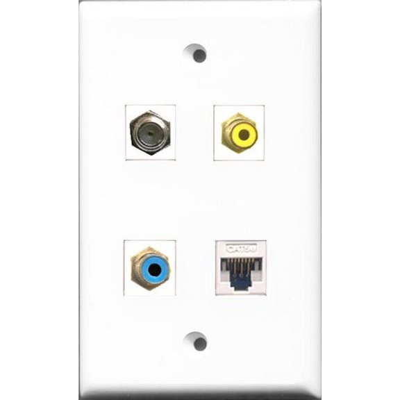 RiteAV 1 Port RCA Yellow and 1 Port RCA Blue and 1 Port Coax Cable TV- F-Type and 1 Port Cat5e Ethernet White Wall Plate