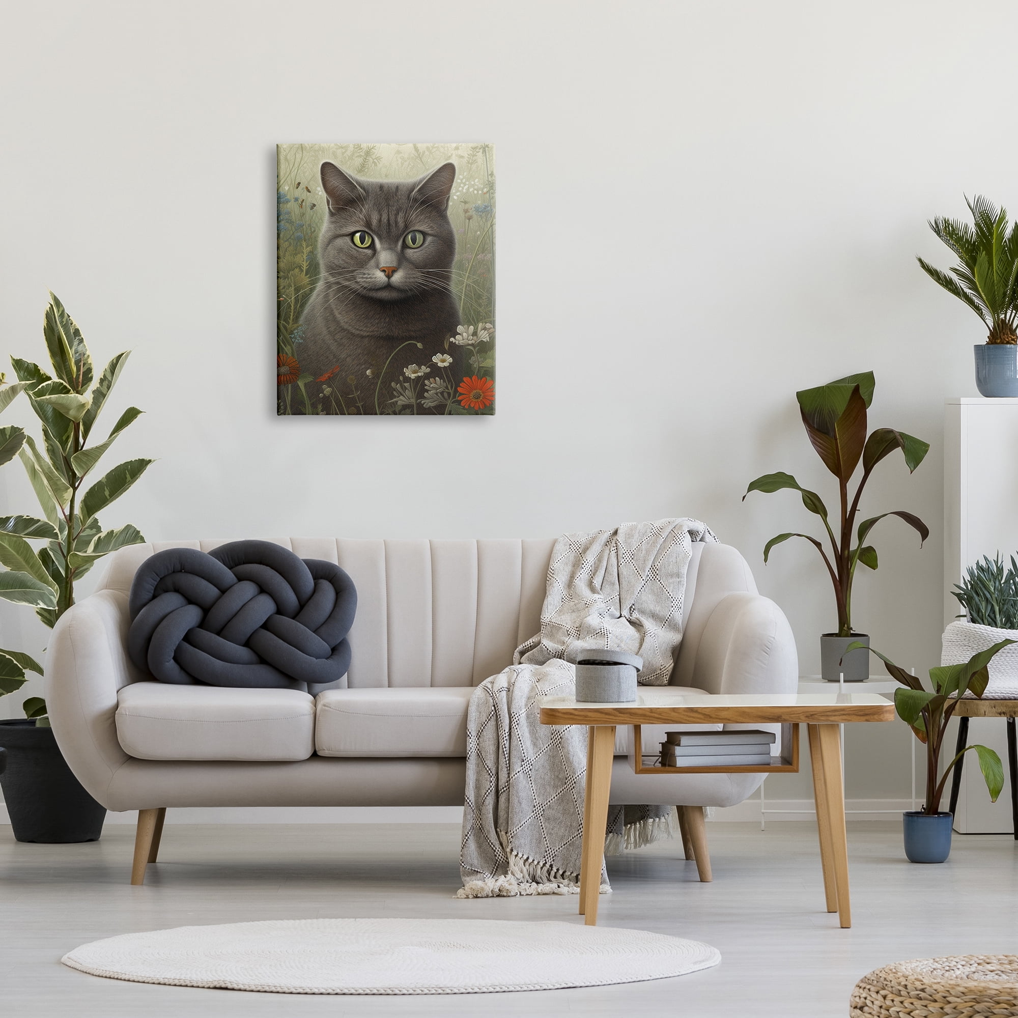 Stupell Industries Grey Cat in Flower Field Animals & Insects Painting Gallery Wrapped Canvas Print Wall Art, 24 x 30