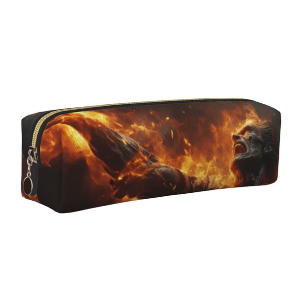 Easygdp Cool Fire Man para Estuche de Lápices de Cuero, Estuche de Papelería de Cuero, Estuche de Gran Capacidad con Cremallera