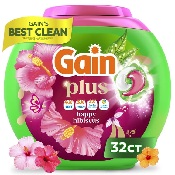 Gain Happy Super-Sized Flings Laundry Detergent Packs, Hibiscus Hula Scent, 32 Count