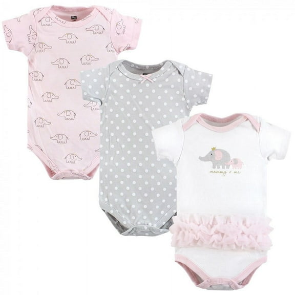 Hudson Baby Infant Girl Cotton Bodysuits, Pink Gray Elephant, 0-3 Months