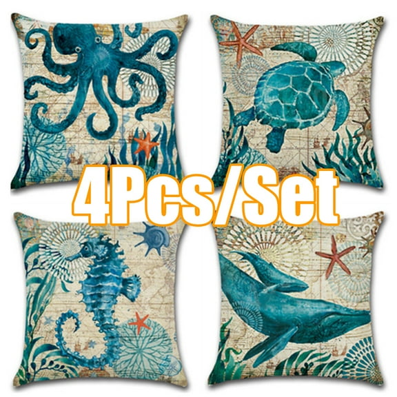 Cheers.US 4Pcs Outdoor Throw Pillow Covers Beach Coastal Sea Turtle Octopus Whale Seahorse Cushion Cases Decorative Summer Ocean Decor for Couch Patio Furniture 18x18 Inch