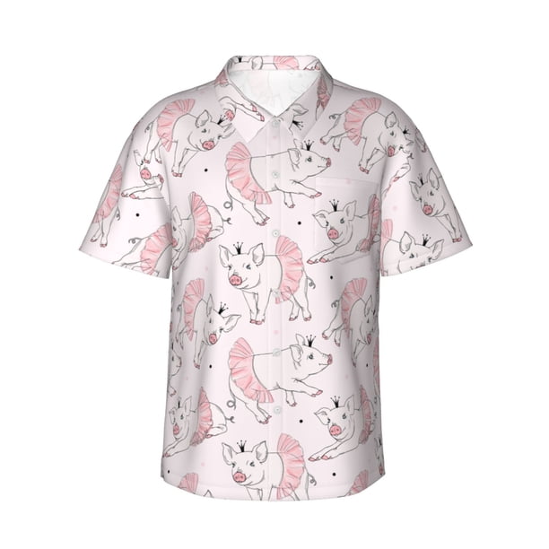 Balery Cute Piggy Ballerina Camisas hawaianas de manga corta para hombre, camisas playeras de corte holgado, camisas de vacaciones con botones,X-Large