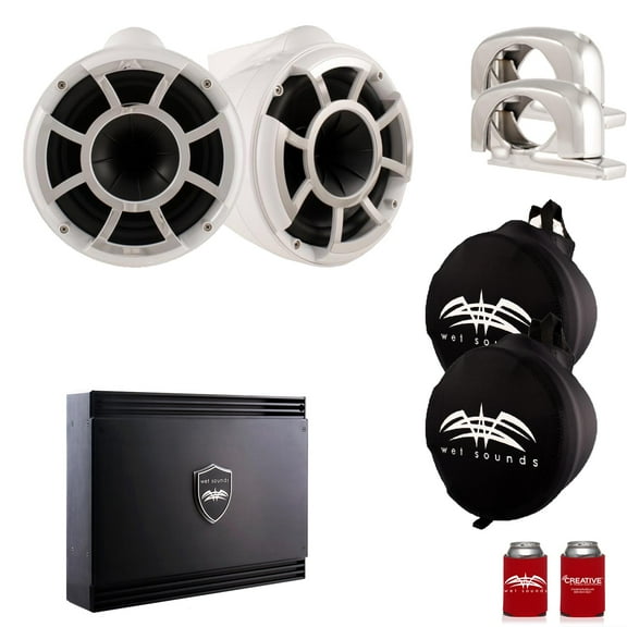 Wet Sounds White REV 10 Swivel Clamp Tower Speakers with Wet Sounds SDX2 1250 Watt Amplifier & Suitz Speaker Covers