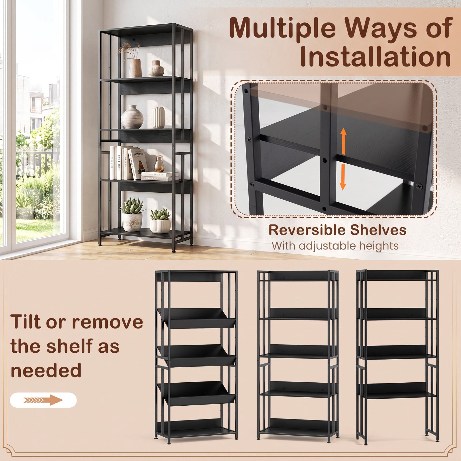 Furnibear 5-Tier Bookshelf with Adjustable and Tiltable Shelves for Living Room Home Office Bedroom Display Storage Shelf, Black