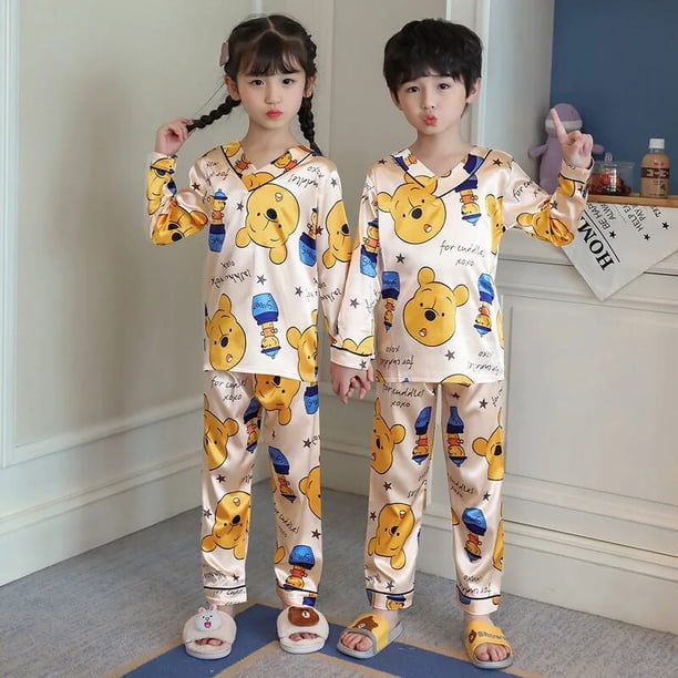 Conjunto de Pijama de satén de seda para niños y niñas, ropa de dormir de Mickey, para otoño