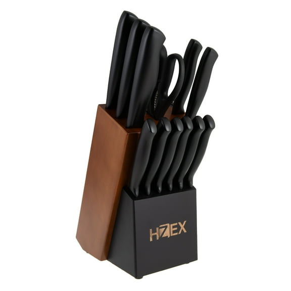 HZEX Premium Kitchen Knife Set, 13-Piece Knives Set in Block, Built-in Sharpener, High Carbon Stainless Steel Knives in Matte Black, Durable Chef's Butcher Steak Paring Utility Bread Knifes