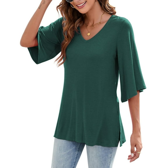 Women's Blouse Tops 3/4 Bell Sleeve Loose V Neck Shirt Dressy