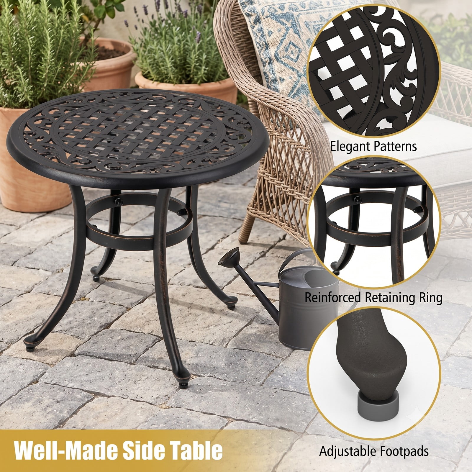 Furnibear 24 Inch Round Cast Aluminum Patio Side Table with Adjustable Footpads for Poolside and Backyard, Antique Brown