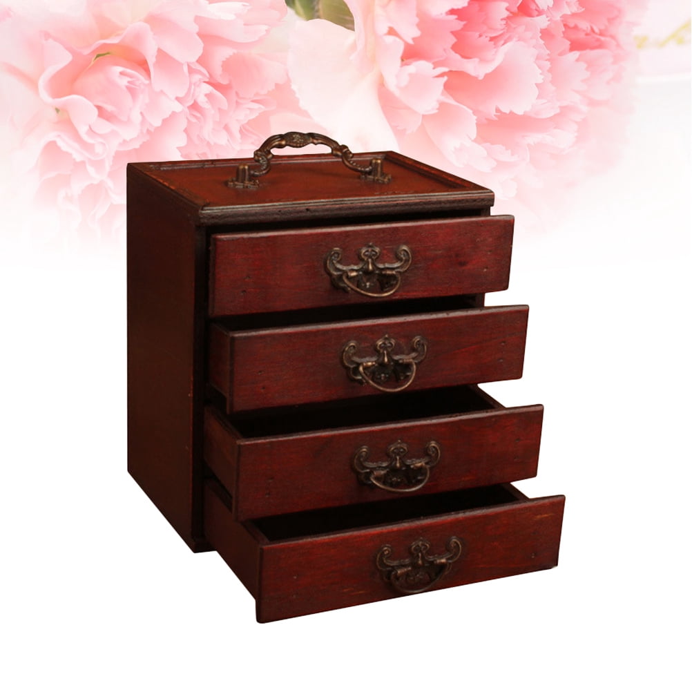 LOLIPPYY Chinese Style Wooden Jewelry Box with 4 Drawers, Elegant Cosmetic Storage Case, Decorative Photo Prop for Home and Party
