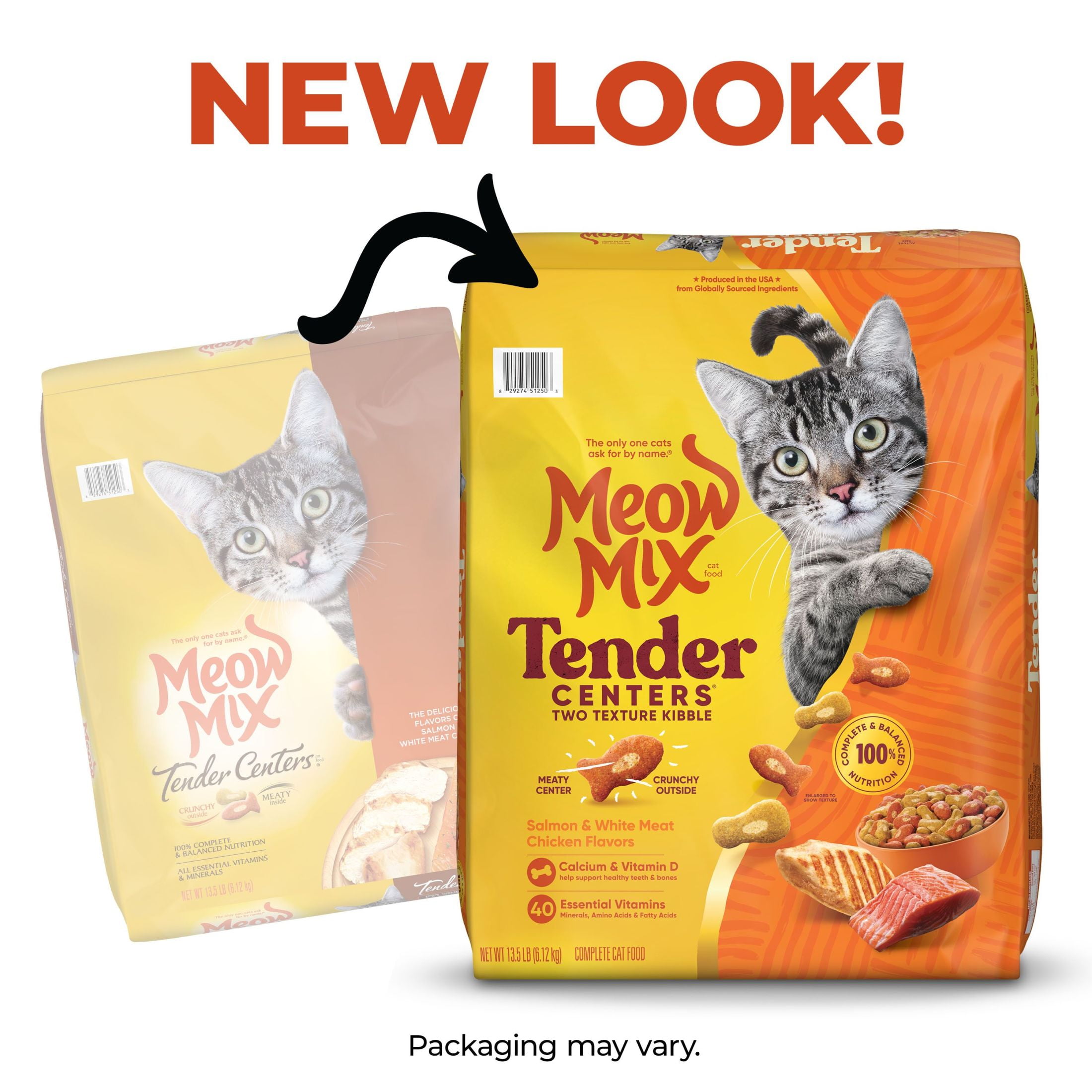 (4 pack) Meow Mix Tender Centers, Salmon & White Meat Chicken Flavors, Dry Cat Food, 13.5 lb. Bag